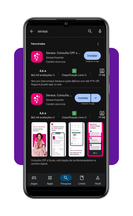 Passo 1 para baixar o app Serasa na loja de aplicativos