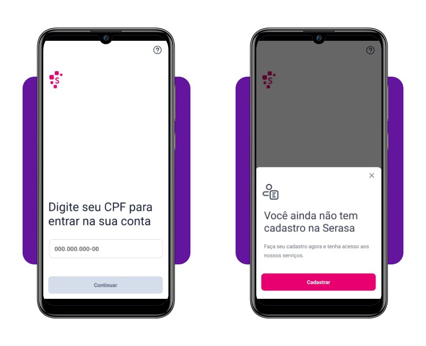 Tela de cadastro e login no aplicativo Serasa