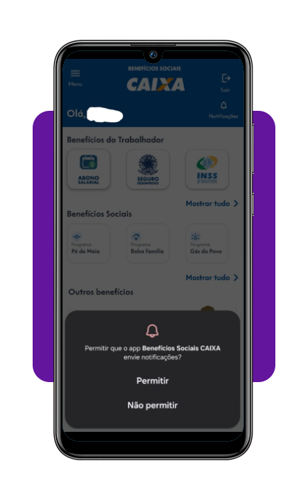 Passo 3 para permitir notificações no app Benefícios Sociais CAIXA