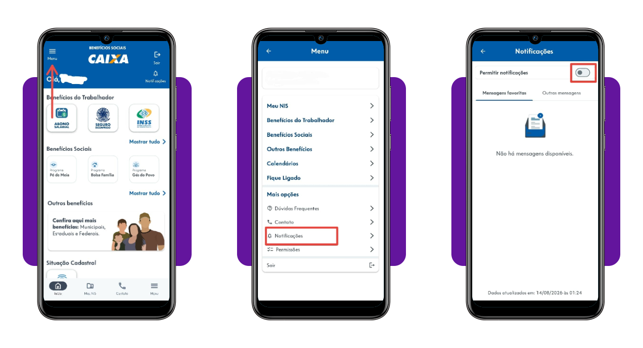 Passo 4 para ativar notificações no menu do app Benefícios Sociais CAIXA