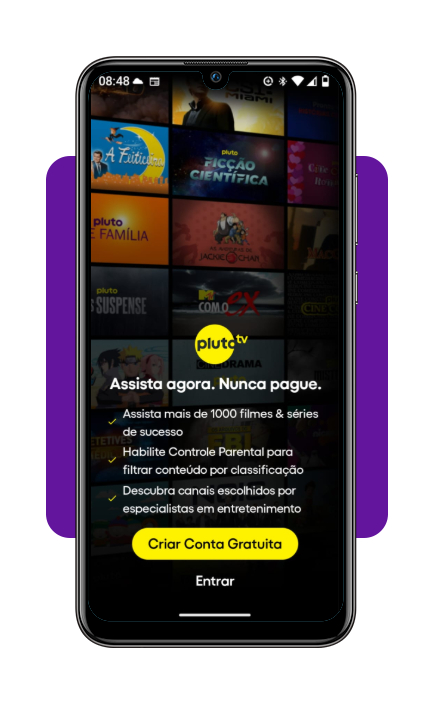 Aplicativo para assistir filmes gospel 100% grátis no celular 2 Tela inicial do app Pluto TV para assistir filmes gospel