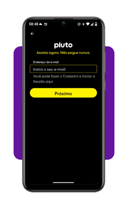 Aplicativo para assistir filmes gospel 100% grátis no celular 3 Tela de cadastro de e-mail no app Pluto TV