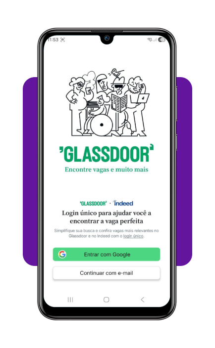 Tela de login do aplicativo Glassdoor
