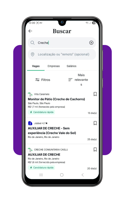 Busca de vagas em creche no aplicativo Glassdoor