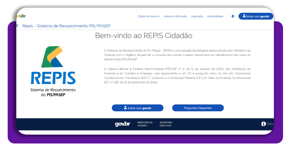 Tela inicial do portal Repis Cidadão com botão Entrar com gov.br
