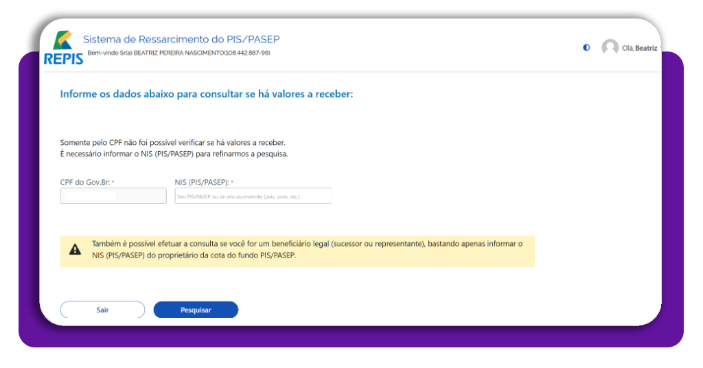 Campo para inserir o NIS PIS PASEP no portal Repis Cidadão