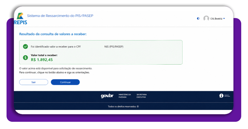 Resultado da consulta de cotas do antigo Fundo PIS PASEP no Repis Cidadão