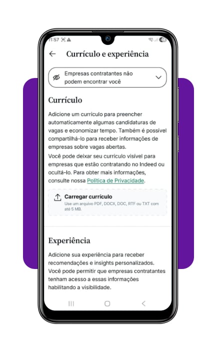 Operador de caixa com bonificação: cadastre-se em vagas premium 4 Tela para carregar currículo no Glassdoor