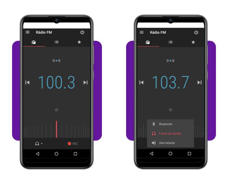 Tela do app Rádio FM mostrando a opção de conectar fone de ouvido