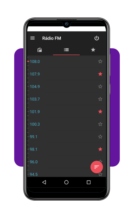 Tela do app Rádio FM mostrando o menu de seleção de estações