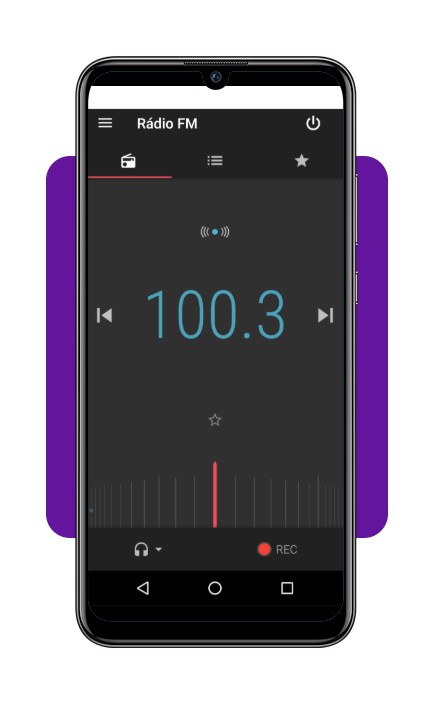 Tela do app Rádio FM mostrando o sintonizador de frequência