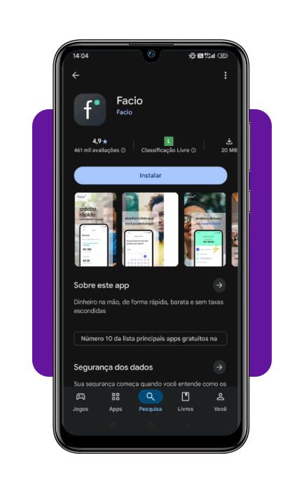 Passo 1 - Baixe o aplicativo Facio na loja de apps