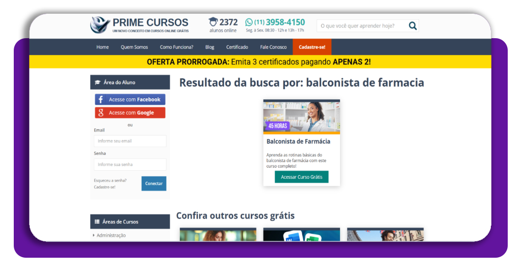 Passo 2 - Selecionar o curso de balconista de farmácia e clicar em Acessar Curso Grátis
