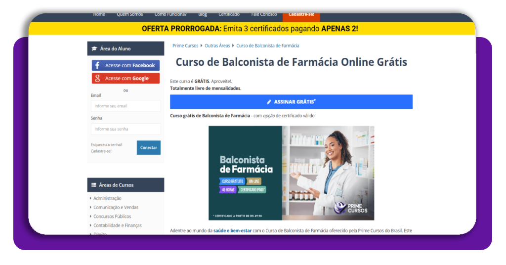 Passo 3 - Clicar em Assinar Grátis para se matricular no curso de balconista de farmácia