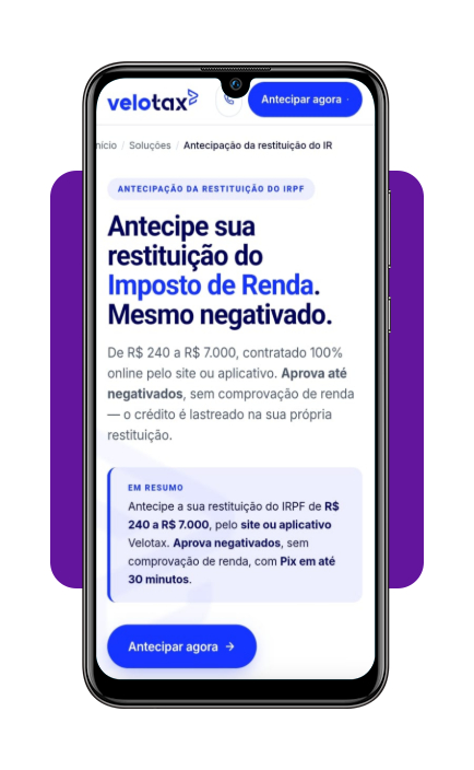 Tela inicial do Velotax para antecipar restituição do IR
