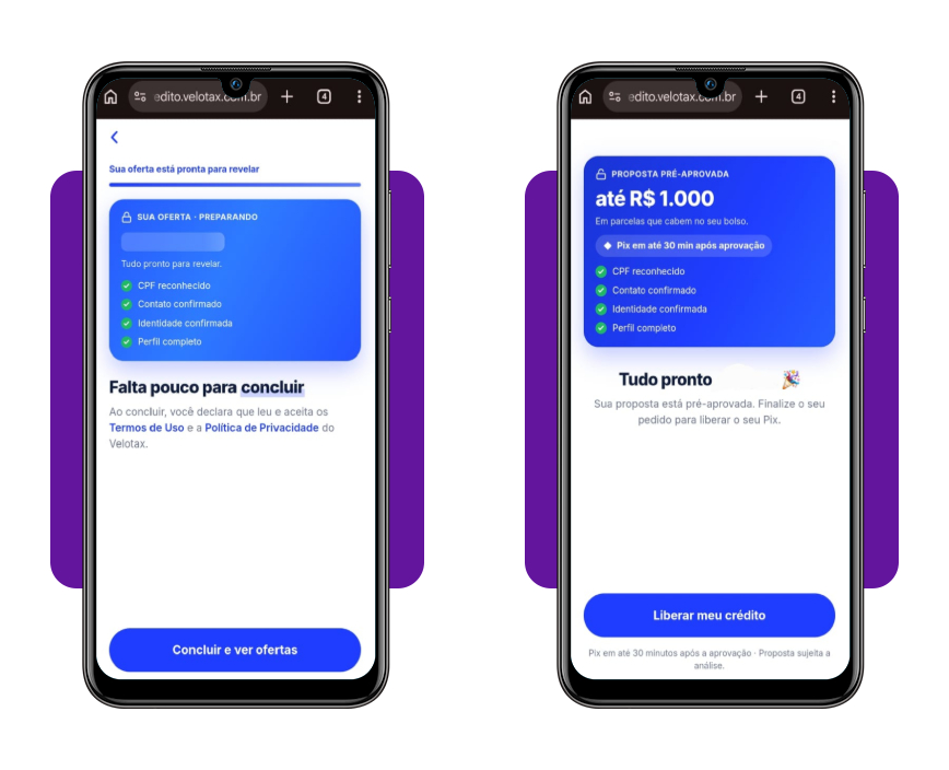 Tela de resultado e oferta de crédito no Velotax