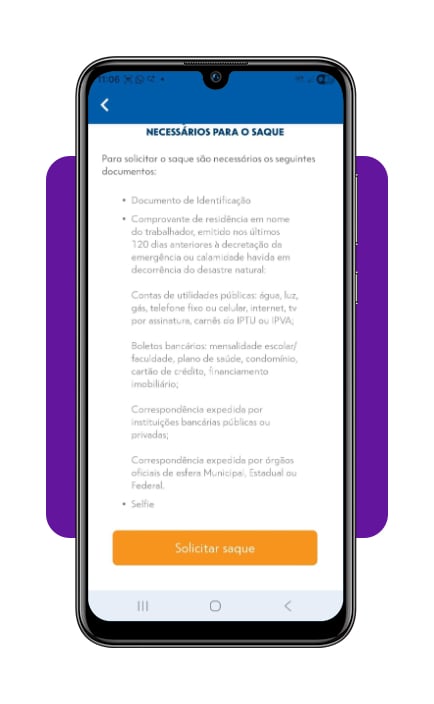 Tela de finalização do pedido de saque calamidade no aplicativo FGTS