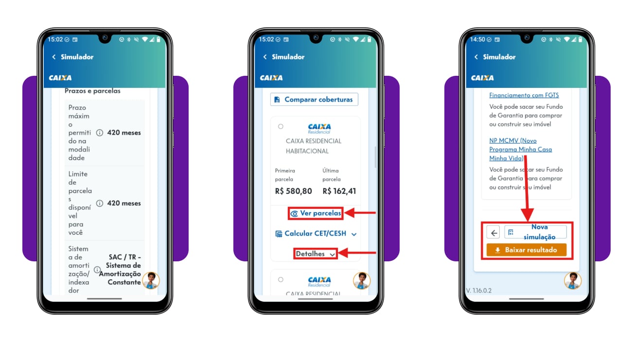 Tela de resultado da simulação de financiamento no app Habitação Caixa com valores do Minha Casa Minha Vida