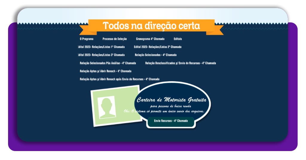 Tela do portal de inscrição para a CNH Social