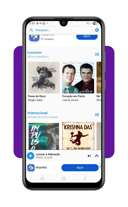 Tela do app Gospel música sem internet mostrando a aba Louvores