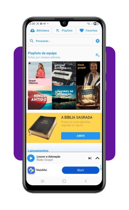Tela do app Gospel música sem internet mostrando a opção de playlist