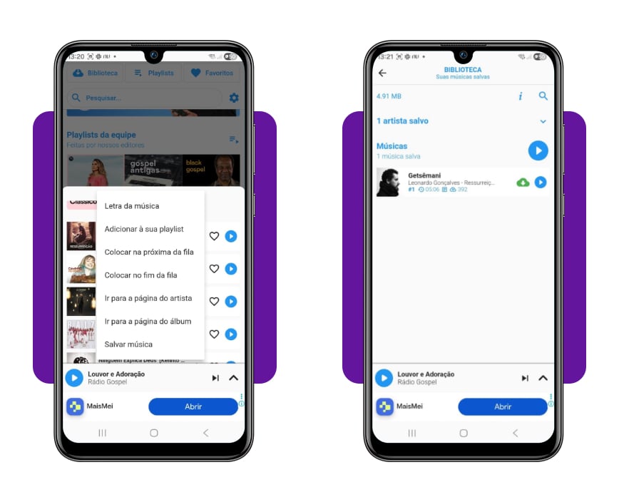 Montagem mostrando como salvar e acessar música offline no app Gospel música sem internet