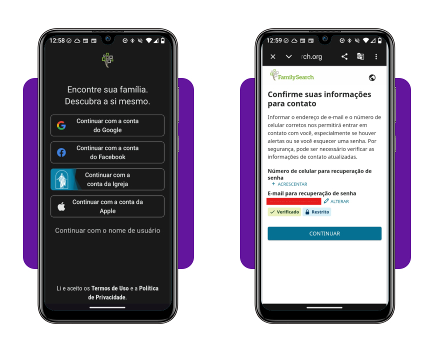 Tela de login do app Árvore do FamilySearch