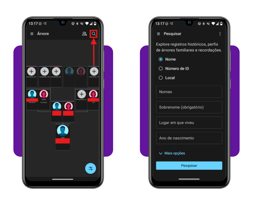 Aba de pesquisa do app Árvore do FamilySearch