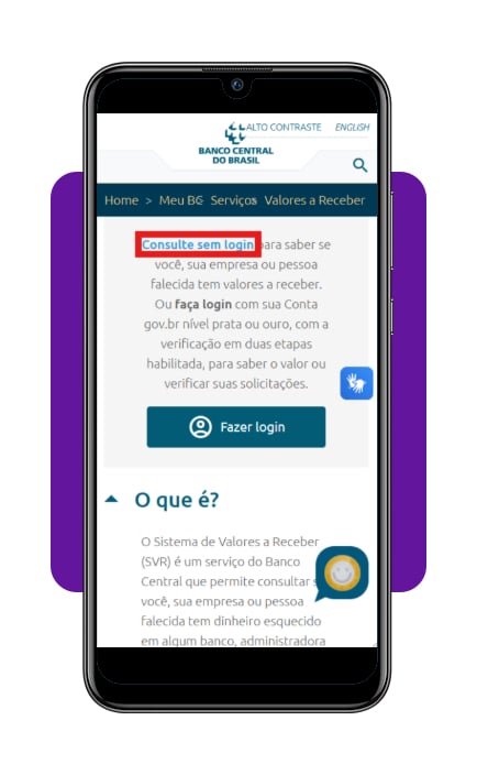 Tela inicial do portal SVR do Banco Central com a opção Consulte sem login