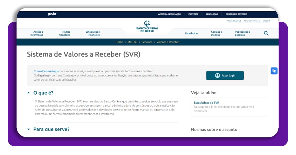 PIX de valores a receber — coloque seu CPF e faça o saque automático 1 Tela inicial do Portal SVR do Banco Central