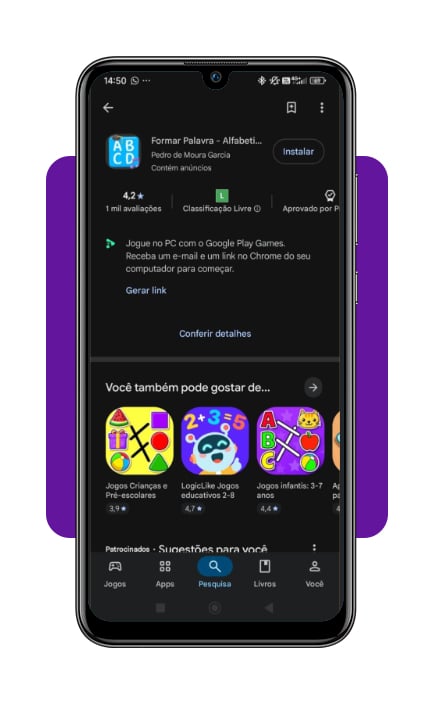 App de alfabetização para idoso: aprenda grátis pelo celular 2 Tela da Google Play Store com o aplicativo Formar Palavras
