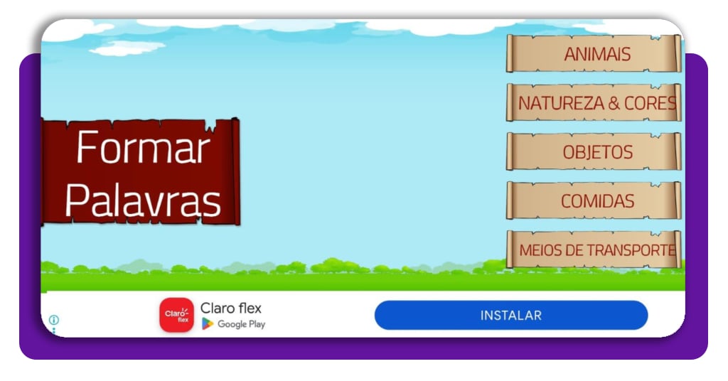 App de alfabetização para idoso: aprenda grátis pelo celular 3 Tela de seleção de temas no aplicativo Formar Palavra