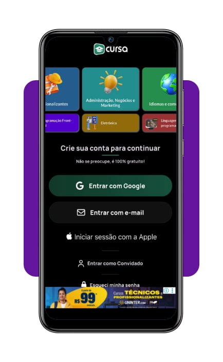 Aplicativo para soldadores: faça cursos online grátis com certificado 3 Tela de criação de conta no aplicativo Cursa