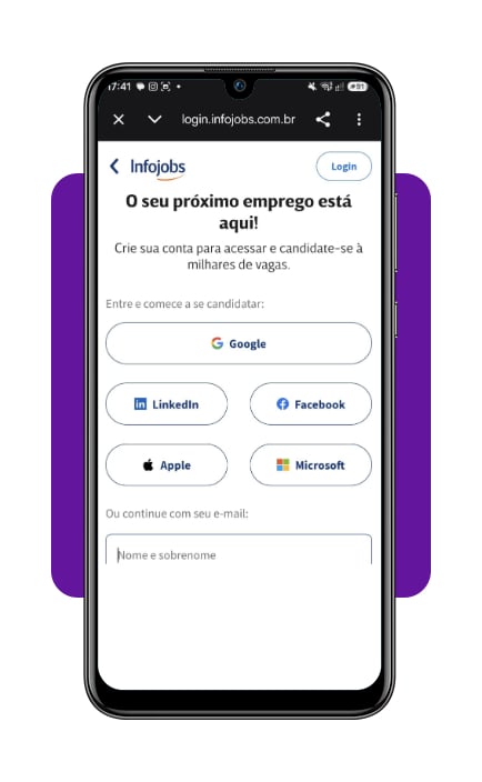 Tela de cadastro de currículo no aplicativo InfoJobs