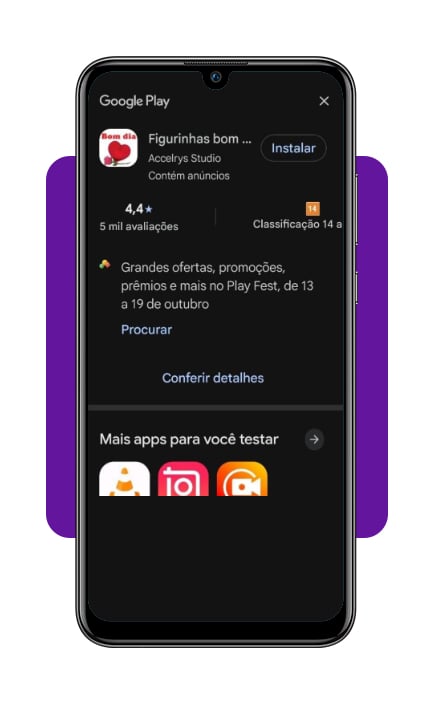 Tela de download do aplicativo Figurinhas bom dia e boa noite na Google Play