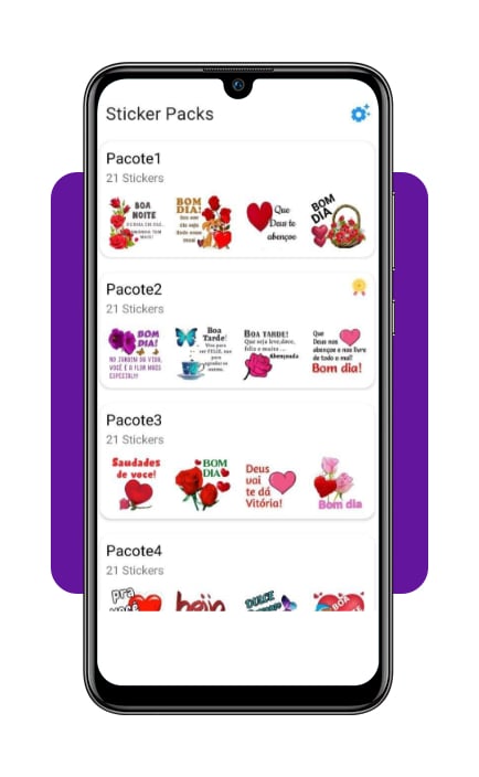 Tela com pacotes de figurinhas de bom dia disponíveis no aplicativo