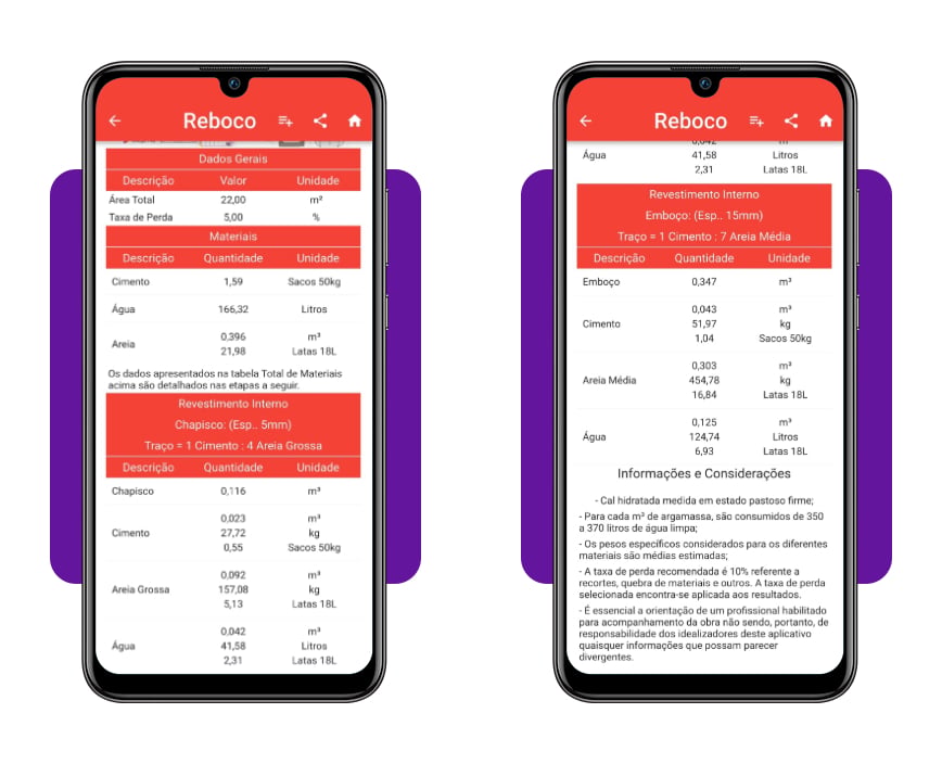 Resultado do cálculo de materiais no ConstruCalc