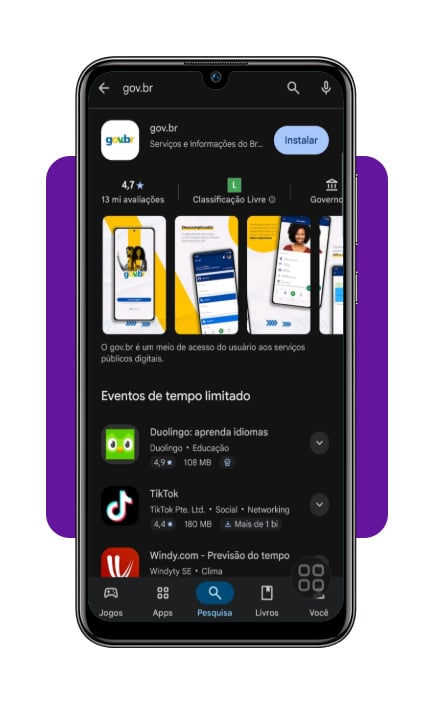 Tela de download do aplicativo gov.br na loja de aplicativos