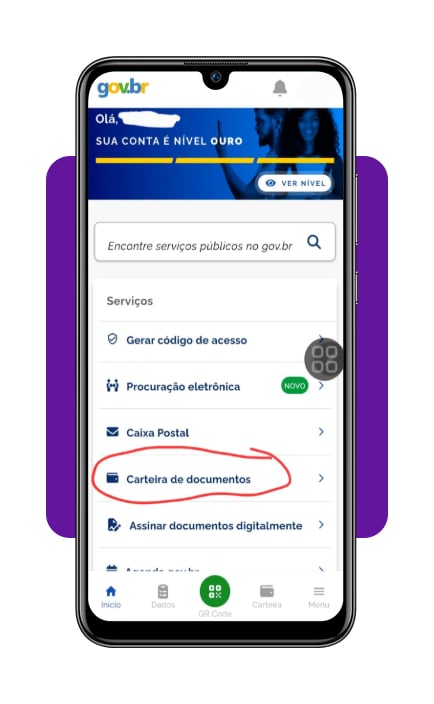 Tela da carteira de documentos digitais no aplicativo gov.br