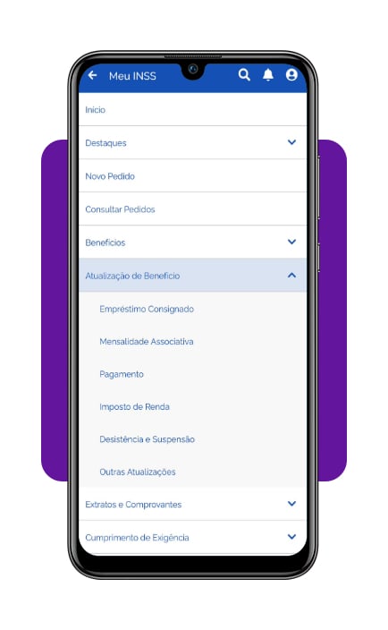Menu lateral do app Meu INSS com opção de empréstimo consignado