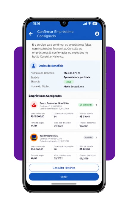Simulação de parcelas de empréstimo consignado no app Meu INSS