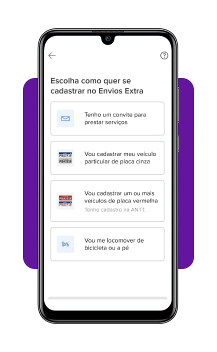 Formulário de envio de documentação no aplicativo Envios Extra