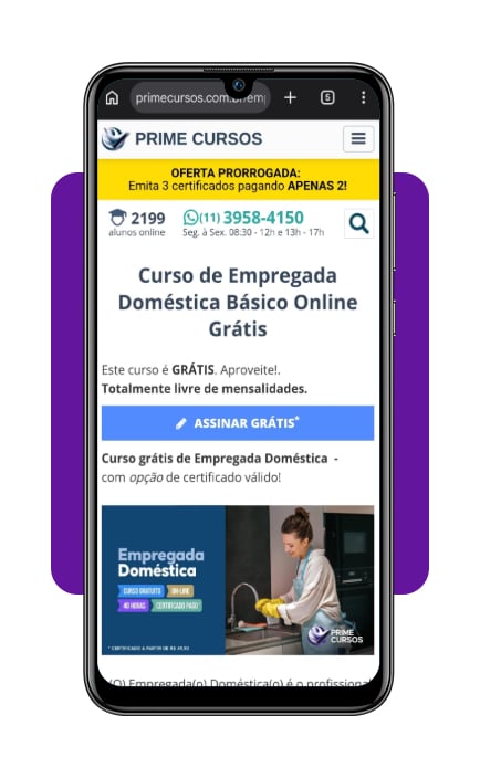 Manual da faxineira grátis: como ganhar dinheiro limpando casa 1 Tela inicial do site Prime Cursos com botão Assinar Grátis