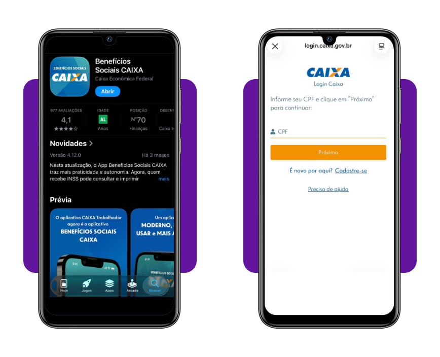 Tela de instalação e login do app Benefícios Sociais CAIXA