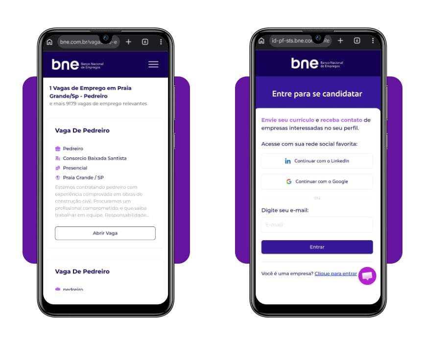 Tela do site BNE mostrando vaga aberta e botão candidatar-me