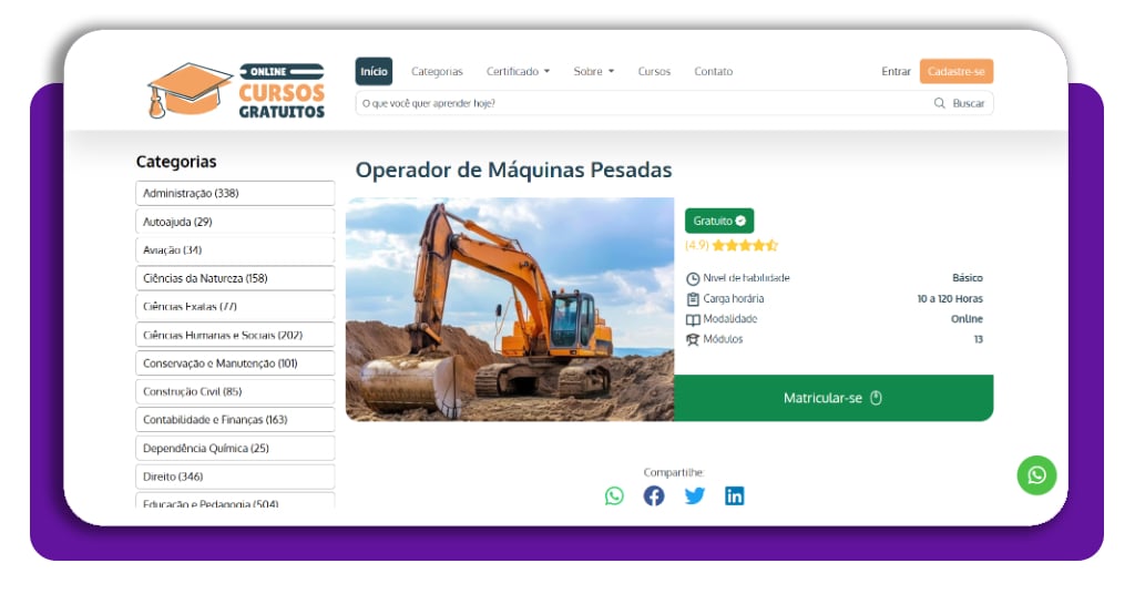 Passo 1 - acesse a página do curso de operador de máquinas pesadas