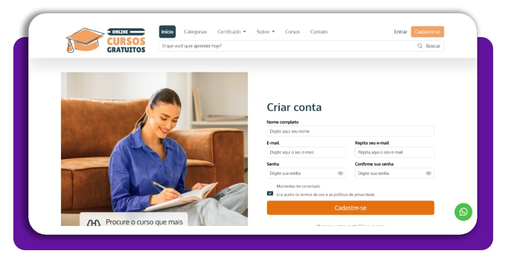 Passo 2 - crie sua conta na plataforma Online Cursos Gratuitos