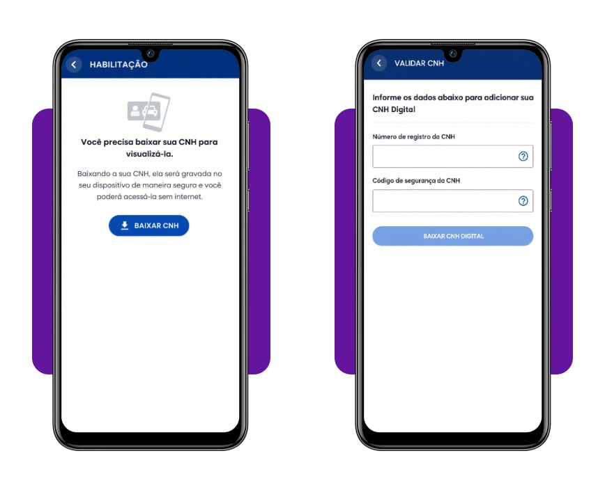 Tela do app CNH do Brasil mostrando as opções Condutor e CNH